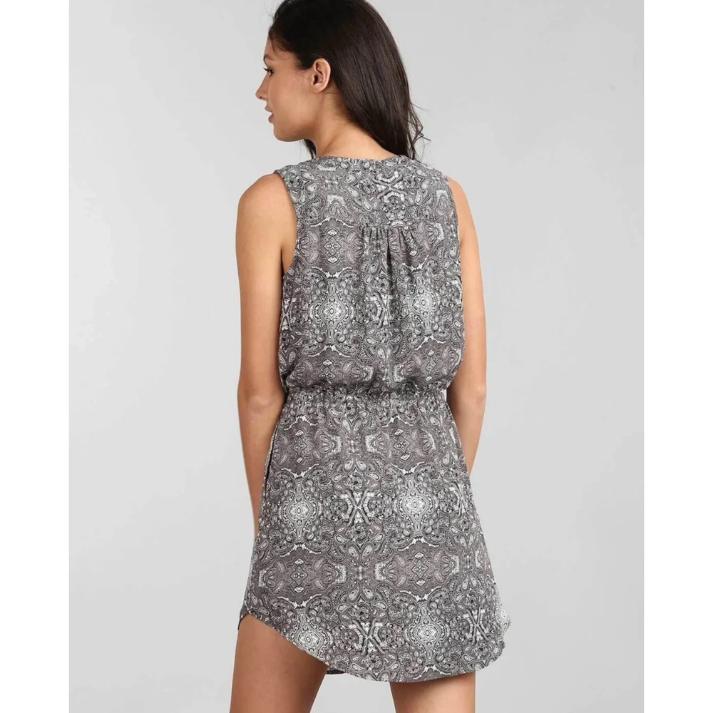 GAP Women's Printed Shirt Dress L Grey Drawstring Waist Pintuck Pleat Sleeveless - Picture 3 of 12